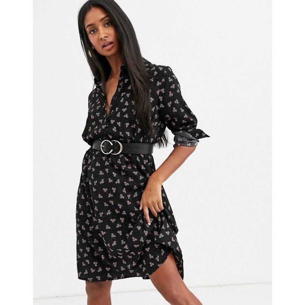 ASOS Black Floral Belted Long Sleeve Dress